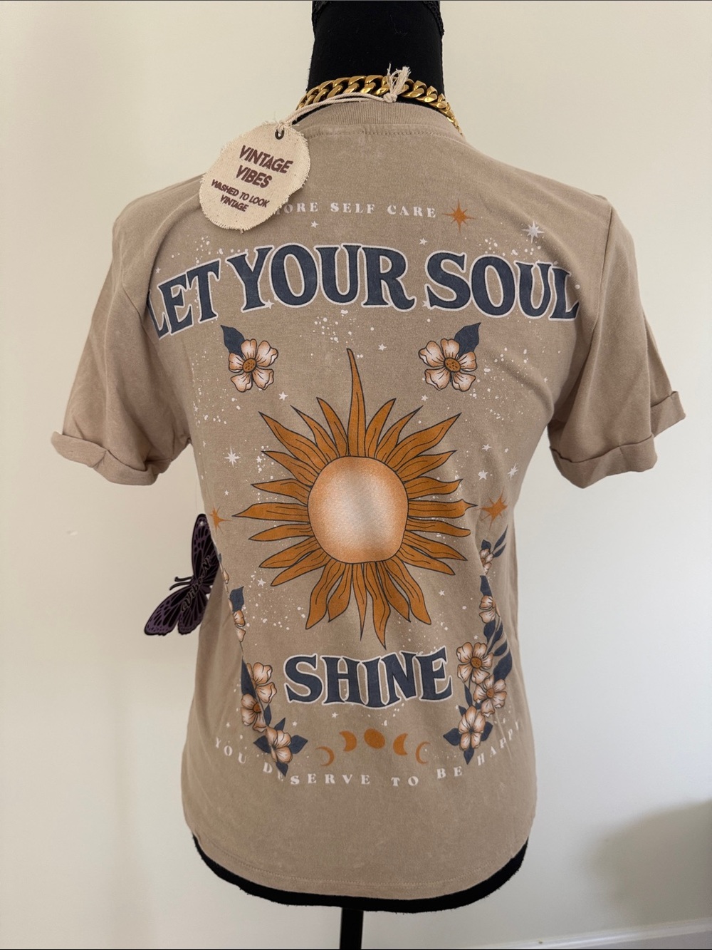 NWT Vibe N’ Women's Taupe Sunflower Graphic Tee XS - Picture 3 of 5